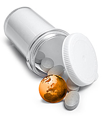 pill bottle with world
