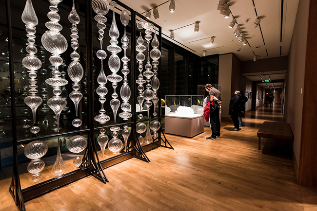 An eye-catching display of hanging blown glass at the Chazen Art Museum