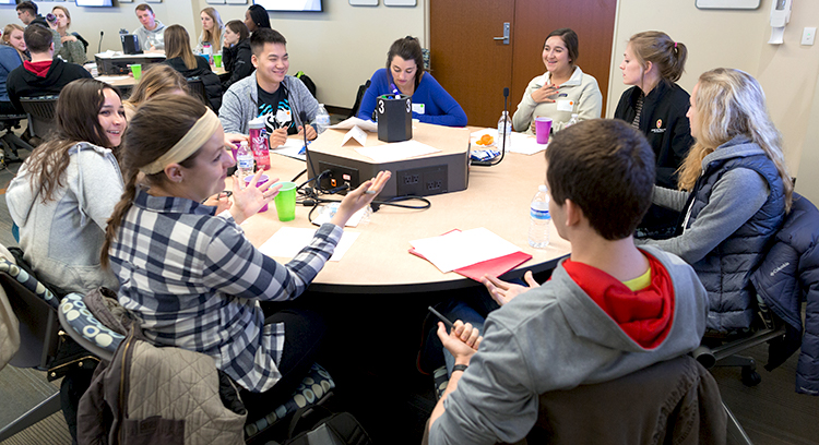 Students from the UW-Madison Schools of Pharmacy and Nursing participate in the interprofessional module of the Center for Interprofessional Practice and Education (CIPE) event, "UW Head Coaches Talk Teamwork," held on April 9, 2018 at UW-Madison.