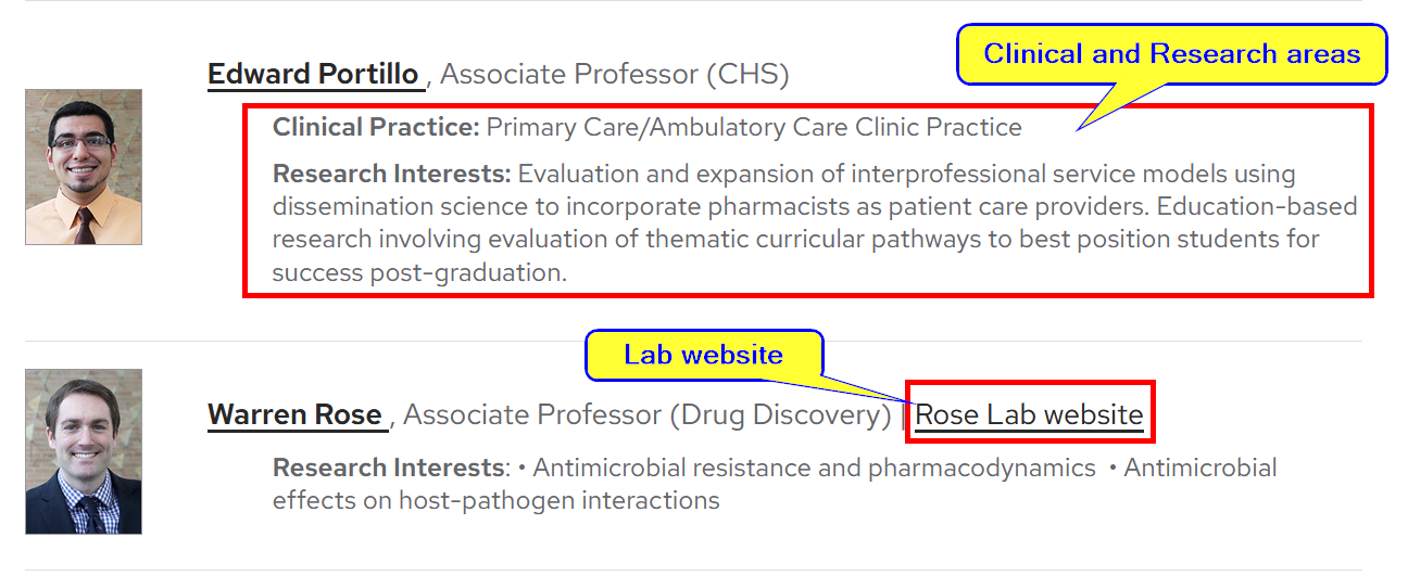 screenshot of faculty listings, with research/clinical interests and website link highlighted