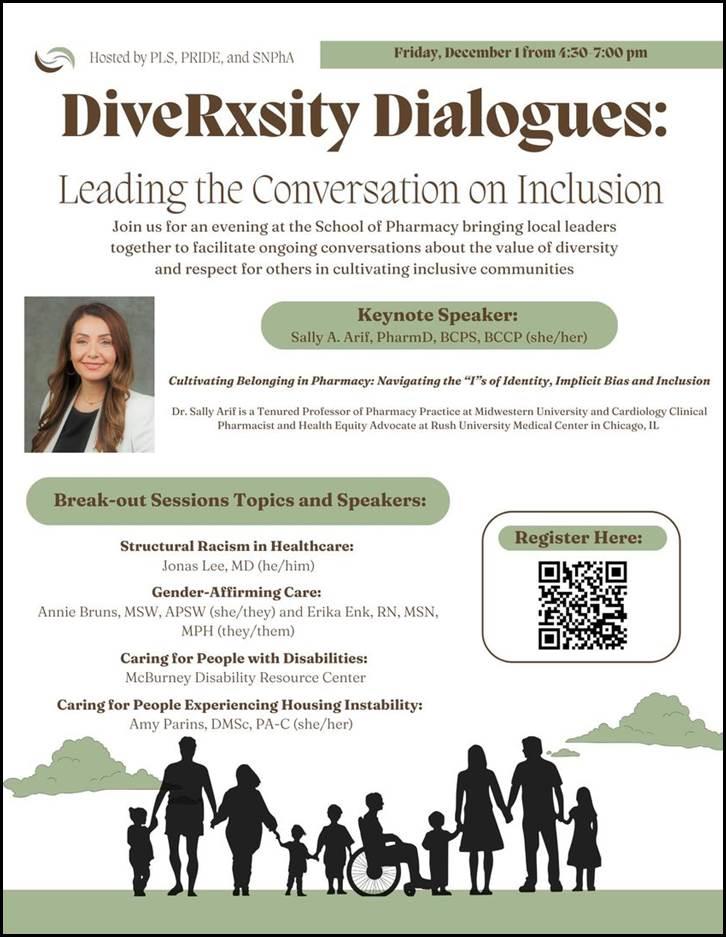 A flyer for "DiveRxSity Dialogues: Leading the Conversation on Inclusion," hosted by PLS, PRIDe, and SNPhA, featuring Keynote Speaker Dr. Sally A. Arif and breakout session topics, with a QR code for registration.