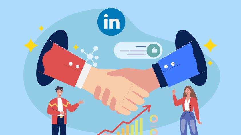 An illustration depicting a large handshake between two arms emerging from portal-like openings, symbolizing a professional connection. Above the handshake is the LinkedIn "in" logo. Below, a man and a woman stand on either side, with an upward-trending graph and other business-related icons suggesting growth and networking.