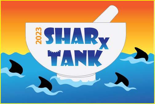 A vibrant illustration with "SHARx TANK 2023" written on a large white mortar and pestle. The mortar sits in a blue "tank" with shark fins in the water, and the background is an orange and yellow gradient, framed by a yellow border.